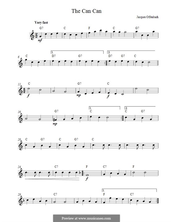 Can-Can (Printable Scores): Melody line and chords by Jacques Offenbach