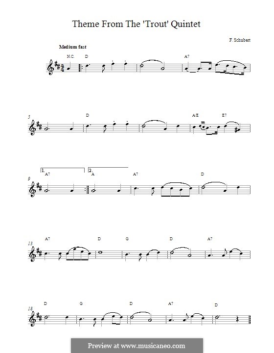 Quintet for Strings and Piano 'The Trout', D.667 Op.114: Movement IV (Theme). Melody line by Franz Schubert