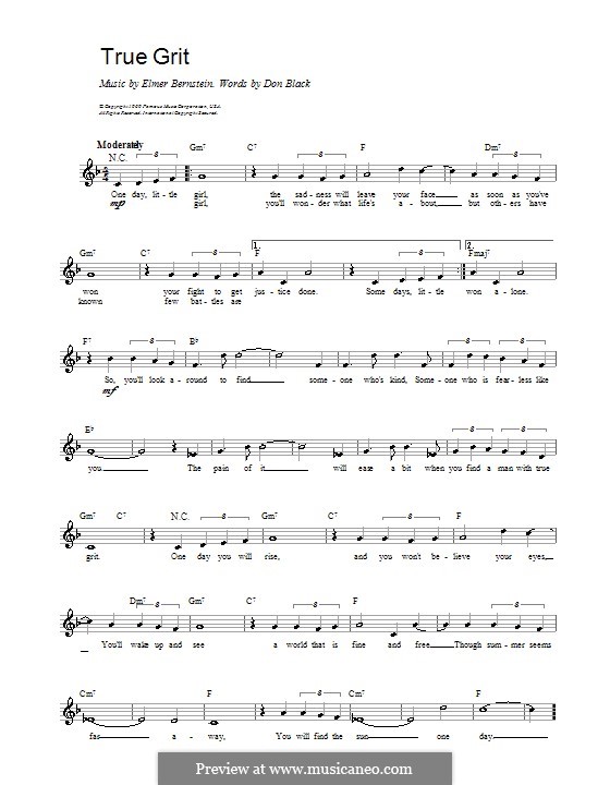 True Grit: Melody line, lyrics and chords by Elmer Bernstein
