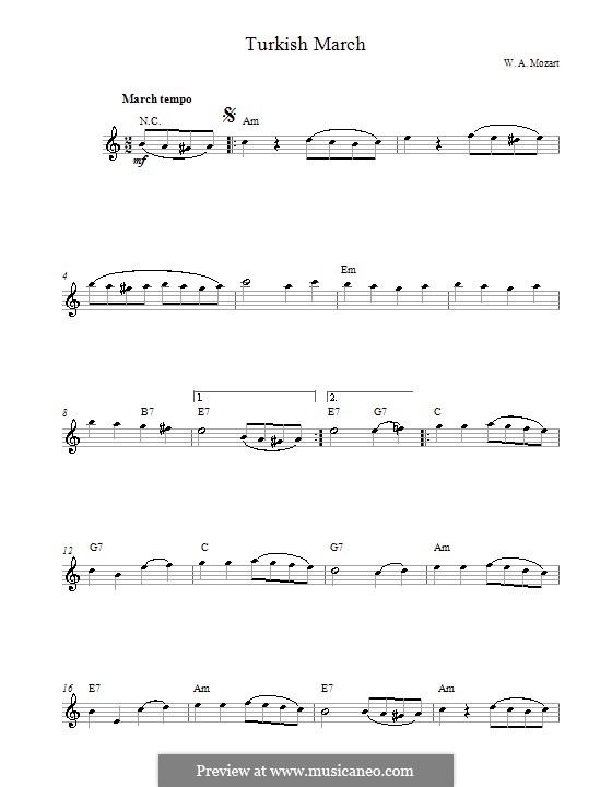 Rondo alla turca (Printable Scores): Melody line and chords by Wolfgang Amadeus Mozart
