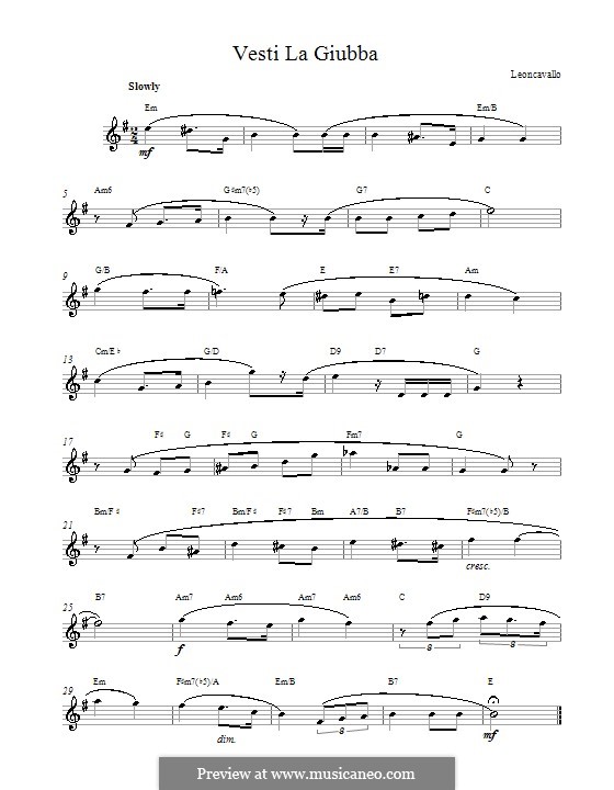 Pagliacci: Vesti la Giubba. Melody line, lyrics and chords by Ruggero Leoncavallo