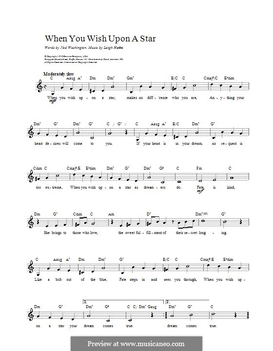 When You Wish Upon a Star (from Disney's Pinocchio): Melody line, lyrics and chords by Leigh Harline