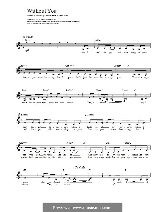 Without You (Badfinger) by P. Ham, T. Evans sheet music on MusicaNeo