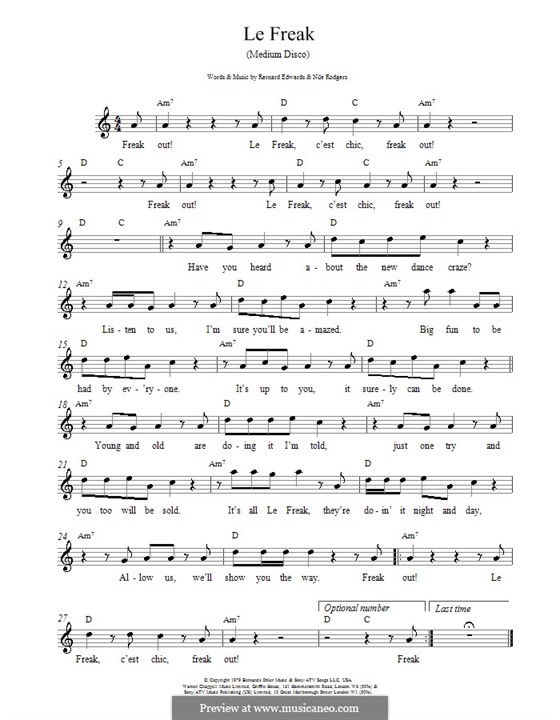 Le Freak (Chic): Melody line, lyrics and chords by Bernard Edwards, Nile Rodgers