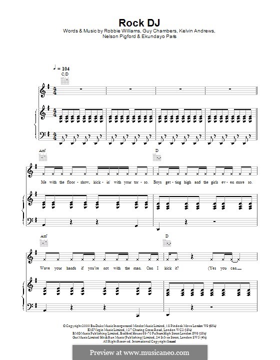Rock DJ: For voice and piano (or guitar) by Ekundayo Paris, Guy Chambers, Kelvin Andrews, Nelson Pigford, Robbie Williams