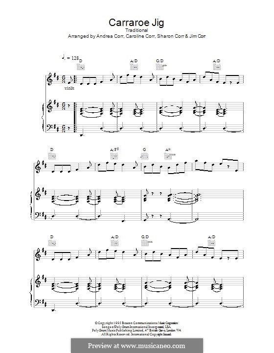 Carraroe Jig (The Corrs): For voice and piano (or guitar) by Andrea Corr, Caroline Corr, Jim Corr, Sharon Corr