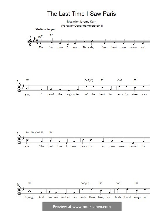 The Last Time I Saw Paris: Melody line, lyrics and chords by Jerome Kern
