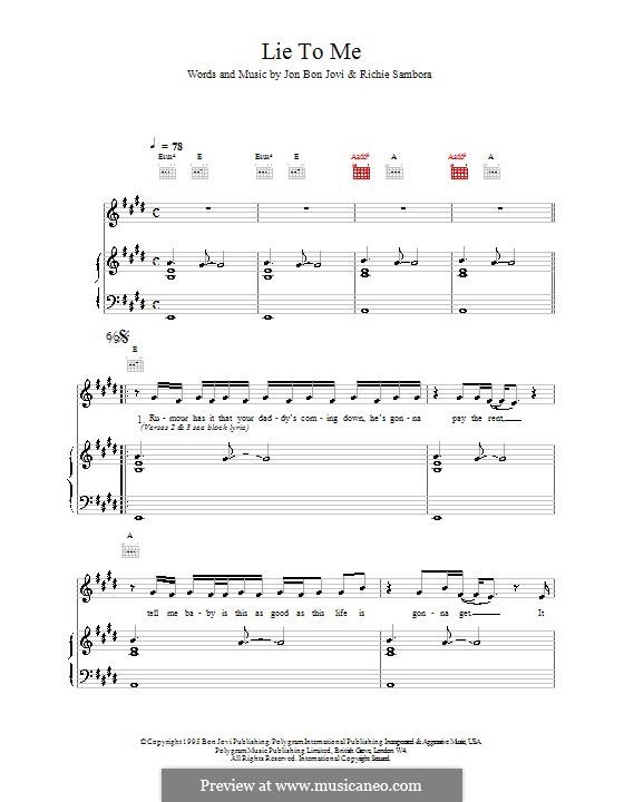 Lie to Me (Bon Jovi): For voice and piano (or guitar) by Jon Bon Jovi, Richie Sambora