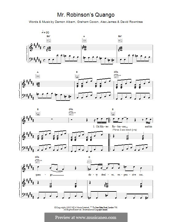 Mr. Robinson's Quango (Blur): For voice and piano (or guitar) by Alex James, Damon Albarn, David Rowntree, Graham Coxon