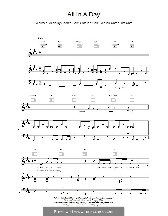 All in a Day (The Corrs): For voice and piano (or guitar) by Andrea Corr, Caroline Corr, Jim Corr, Sharon Corr