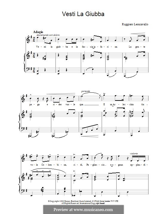 Pagliacci: Vesti la Giubba. Version for voice and piano by Ruggero Leoncavallo