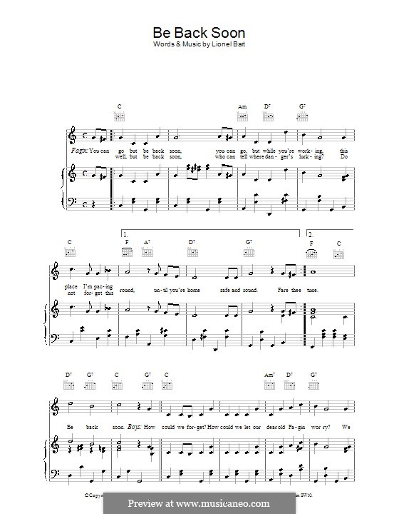 be back soon from oliver by l bart sheet music on musicaneo oliver sheet music