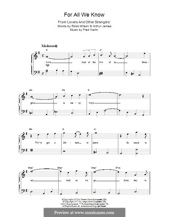 For All We Know (Carpenters): For piano by Fred Karlin, Jimmy Griffin, Robert Wilson