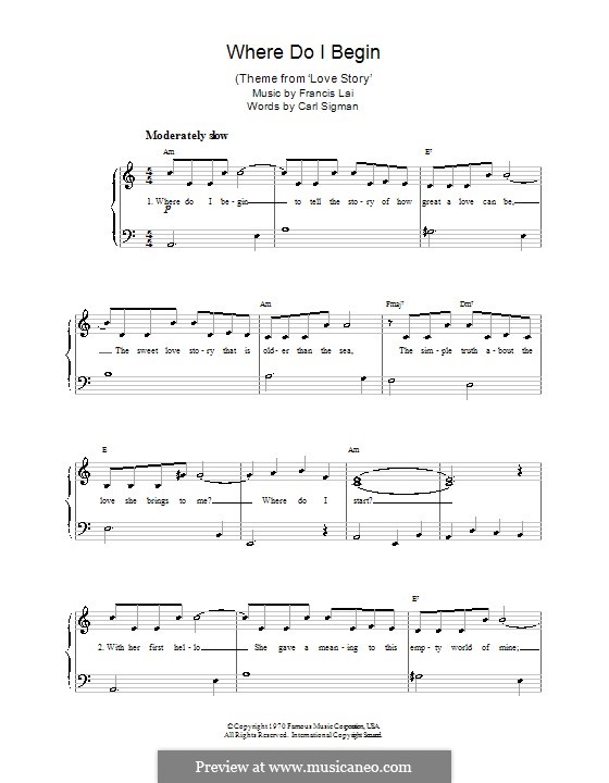 Where Do I Begin (Theme from Love Story): For piano by Francis Lai