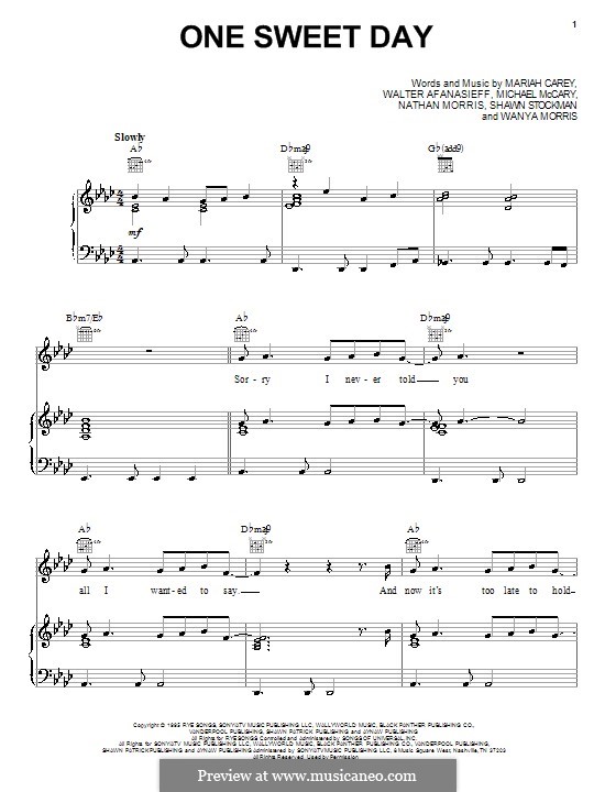 One Sweet Day (Mariah Carey and Boyz II Men): For voice and piano (or guitar) by Mariah Carey, Michael McCary, Nathan Morris, Shawn Stockman, Walter Afanasieff, Wanya Morris