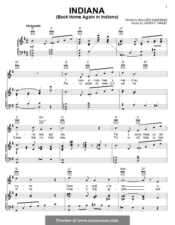 Indiana (Back Home Again in Indiana) by J.F. Hanley on MusicaNeo