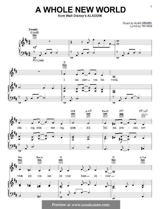 A Whole New World From Aladdin By A Menken Sheet Music On Musicaneo