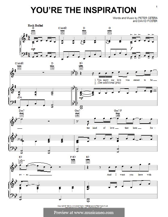 You're the Inspiration (Chicago): For voice and piano (or guitar) by David Foster, Peter Cetera