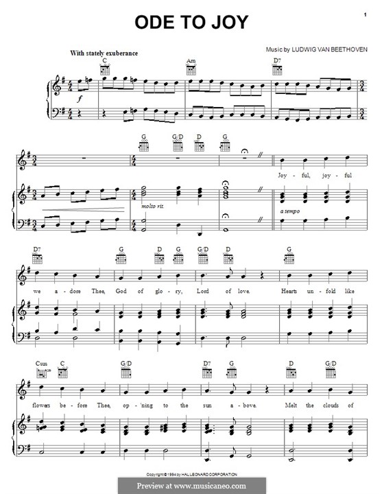 Ode to Joy (Printable scores): Version for voice and piano (or guitar) by Ludwig van Beethoven