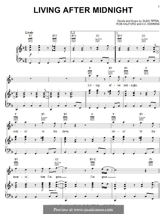 Living After Midnight (Judas Priest): For voice and piano (or guitar) by Glenn Tipton, K. K. Downing, Robert Halford
