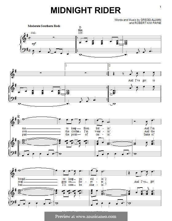 Midnight Rider (The Allman Brothers Band): For voice and piano (or guitar) by Gregg Allman, Robert Kim Payne