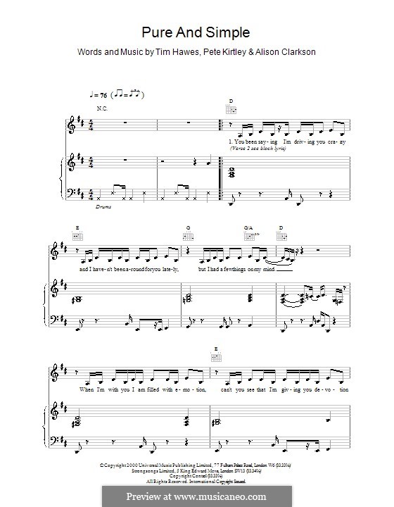 Pure and Simple (Hear'Say): For voice and piano (or guitar) by Alison Clarkson, Pete Kirtley, Tim Hawes