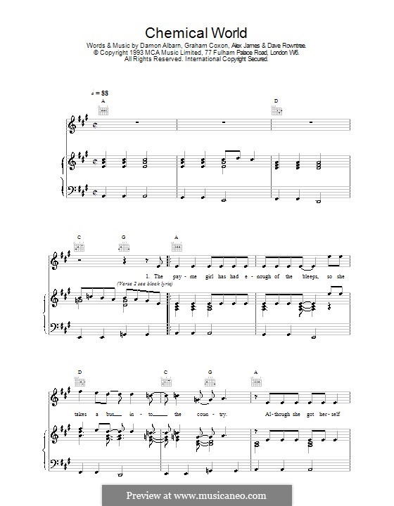 Chemical World (Blur): For voice and piano (or guitar) by Alex James, Damon Albarn, David Rowntree, Graham Coxon