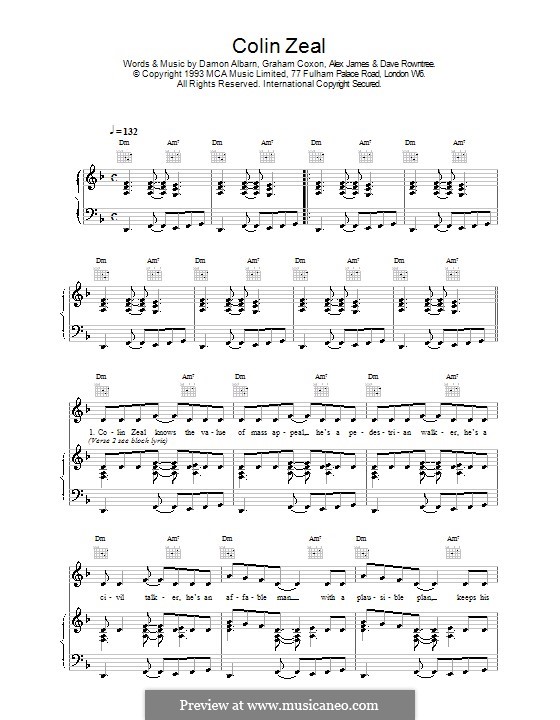 Colin Zeal (Blur): For voice and piano (or guitar) by Alex James, Damon Albarn, David Rowntree, Graham Coxon