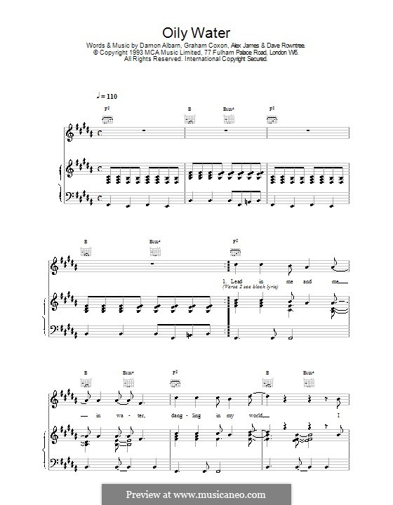Oily Water (Blur): For voice and piano (or guitar) by Alex James, Damon Albarn, David Rowntree, Graham Coxon