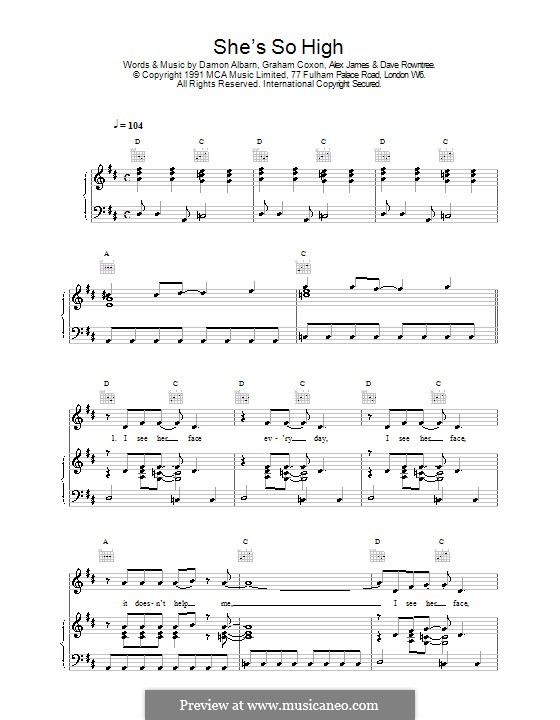 She's So High (Blur): For voice and piano (or guitar) by Alex James, Damon Albarn, David Rowntree, Graham Coxon