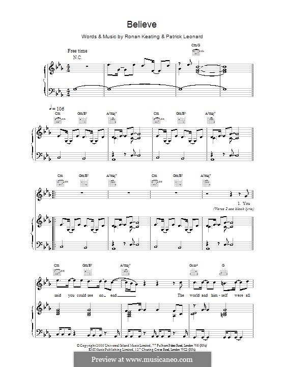 Believe: For voice and piano (or guitar) by Patrick Leonard, Ronan Keating