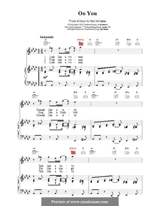 Oo You (The Beatles): For voice and piano (or guitar) by John Lennon, Paul McCartney