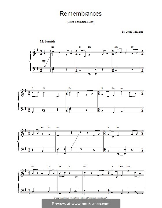 Remembrances (from Schindler's List): For easy piano by John Williams