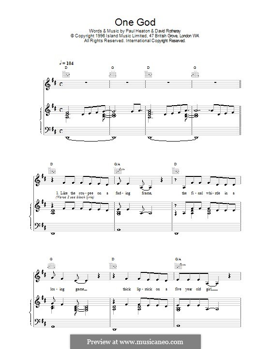 One God (The Beautiful South): For voice and piano (or guitar) by David Rotheray, Paul Heaton