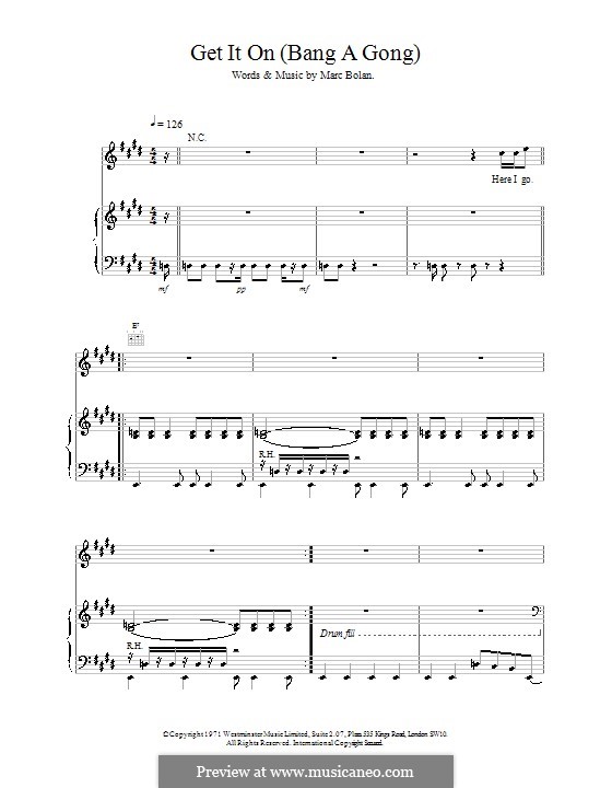 Bang A Gong (Get It On): For voice and piano (or guitar) by Marc Bolan