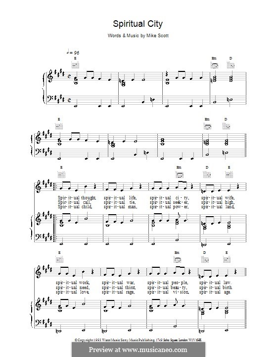 Spiritual City (The Waterboys): For voice and piano (or guitar) by Mike Scott
