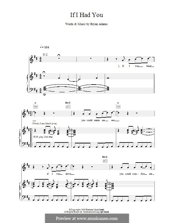 If I Had You: For voice and piano (or guitar) by Bryan Adams