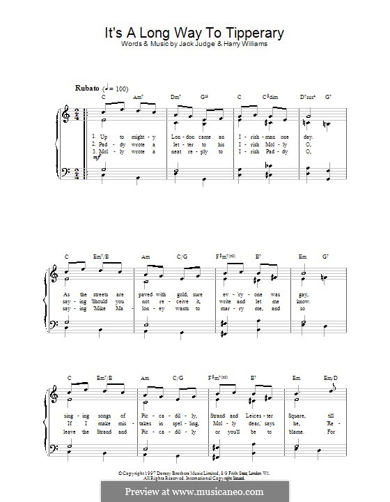 It's a Long, Long Way to Tipperary: For voice and piano (or guitar) by Harry Williams, Jack Judge