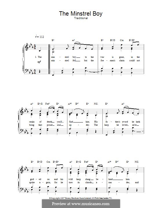 The Minstrel Boy (printable score): For voice and piano (or guitar) by folklore