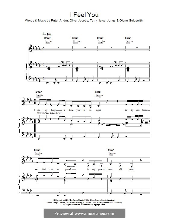 I Feel You: For voice and piano (or guitar) by Glenn Goldsmith, Oliver Jacobs, Peter Andre, Terry Jones