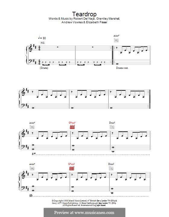 Teardrop (Massive Attack): For voice and piano (or guitar) by Andrew Vowles, Elizabeth Fraser, Grantley Marshall, Robert Del Naja