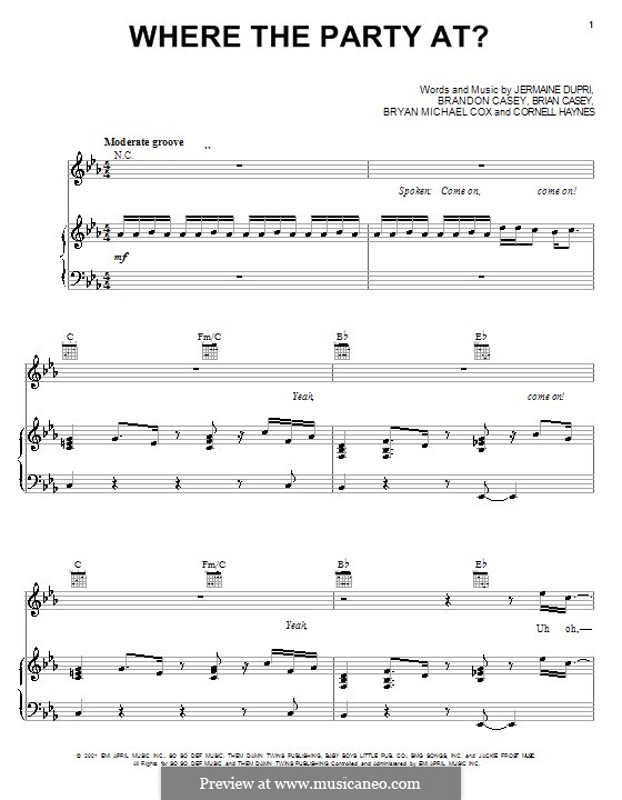 Where the Party at (Jagged Edge and Nelly): For voice and piano (or guitar) by Brandon D. Casey, Brian D. Casey, Bryan Michael Cox