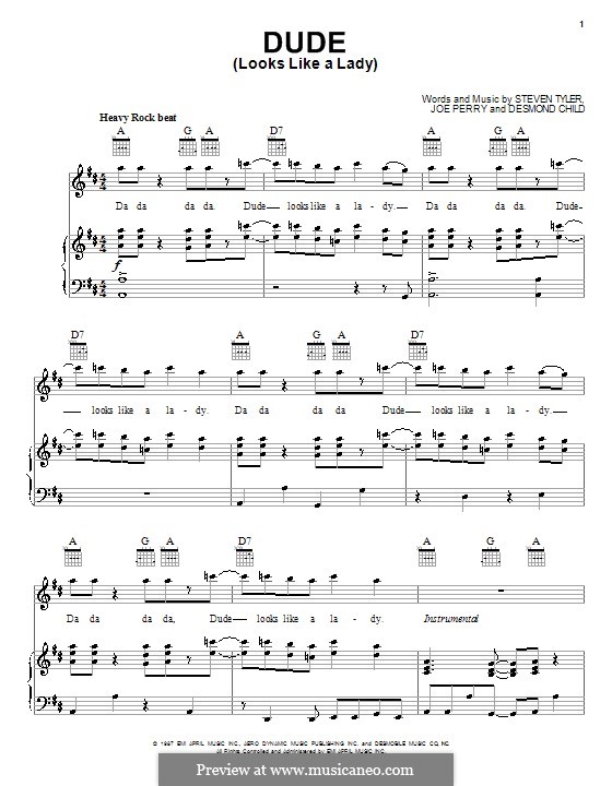 Dude (Looks Like a Lady) Aerosmith: For voice and piano (or guitar) by Desmond Child, Joe Perry, Steven Tyler
