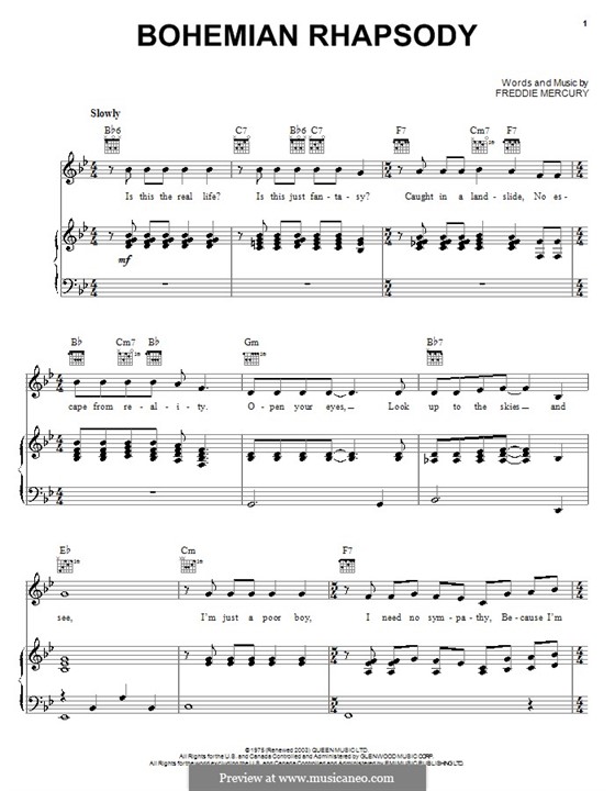 Bohemian Rhapsody Queen By Freddie Mercury Sheet Music On