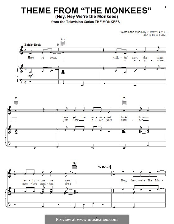 Theme from 'The Monkees' (Hey, Hey We're The Monkees): For voice and piano (or guitar) by Bobby Hart, Tommy Boyce
