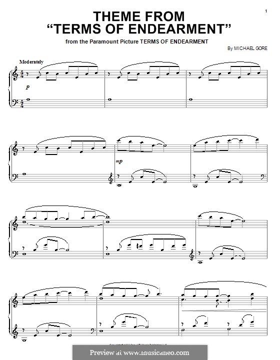 Theme from 'Terms of Endearment': For piano by Michael Gore