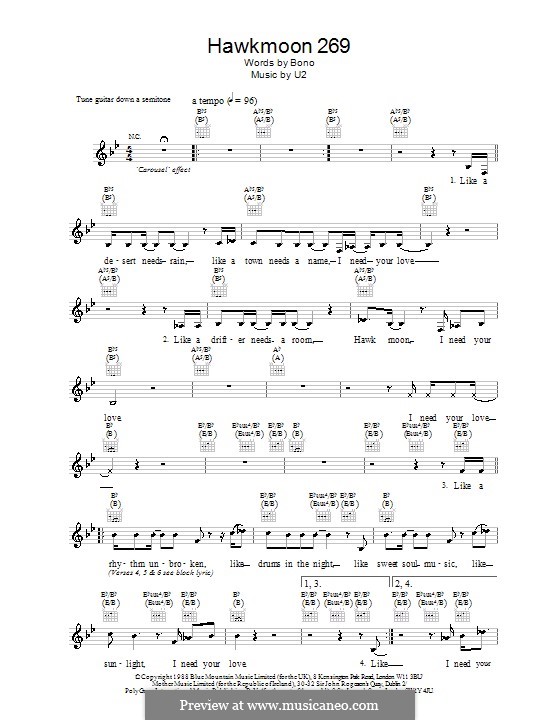Hawkmoon 269: Melody line, lyrics and chords by U2