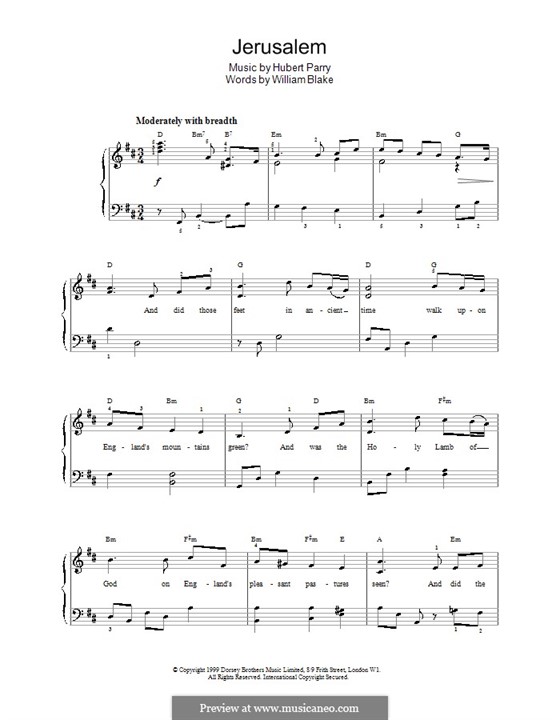 Jerusalem (And did Those Feet in Ancient Time): For voice and piano (or guitar) by Charles Hubert Hastings Parry