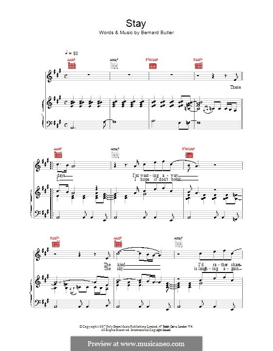 Stay: For voice and piano (or guitar) by Bernard Butler