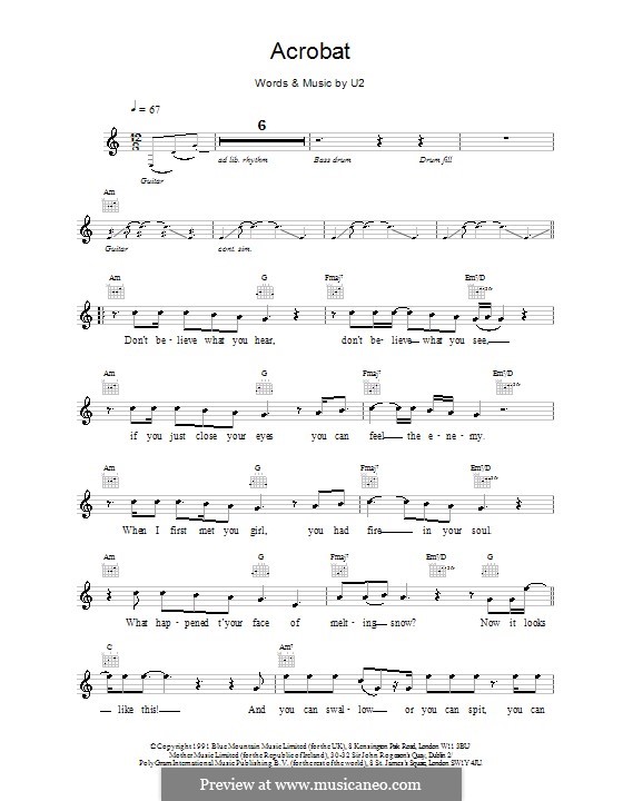 Acrobat by U2 sheet music on MusicaNeo